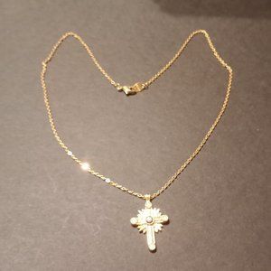 Avon Vintage Gold Tone Clear Blue Rhinestone Cross Pendant 19 inch Necklace